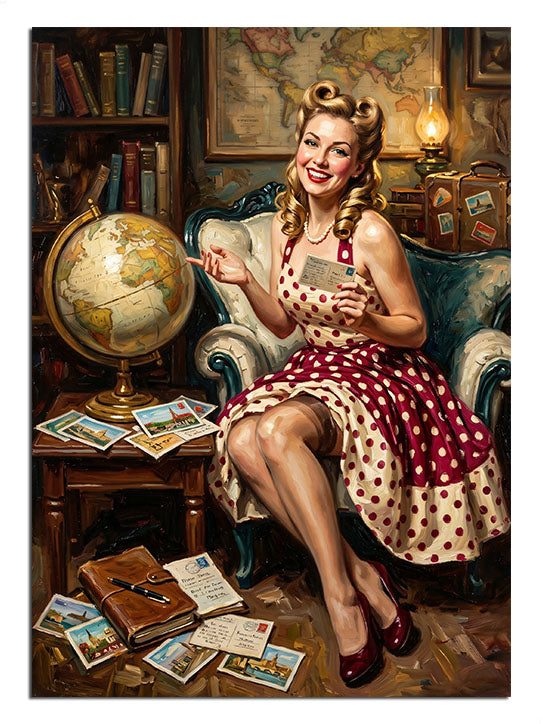 Küre ve mektuplar arasında oturan puanlı elbiseli pin-up, retro tablo.