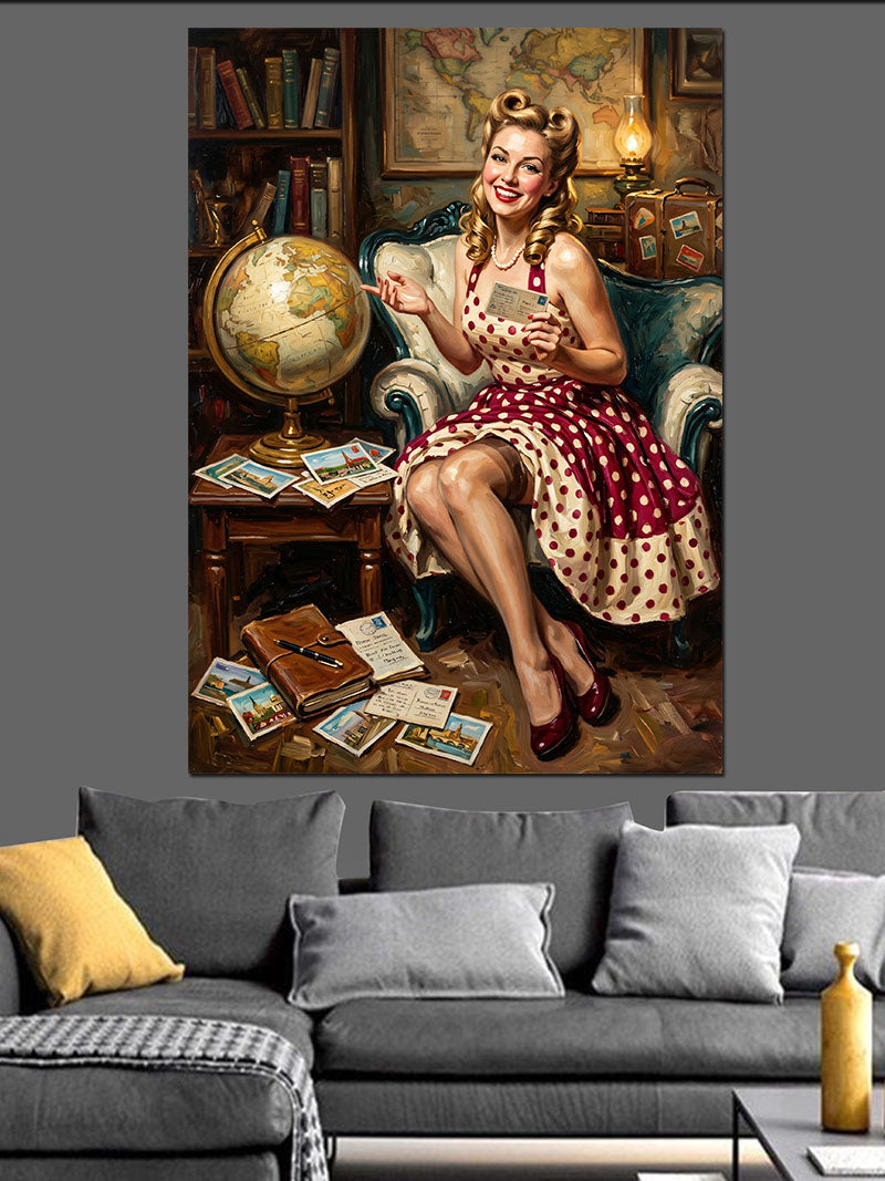 Küre ve Mektuplu Pin-Up Kadın Kanvas Tablo