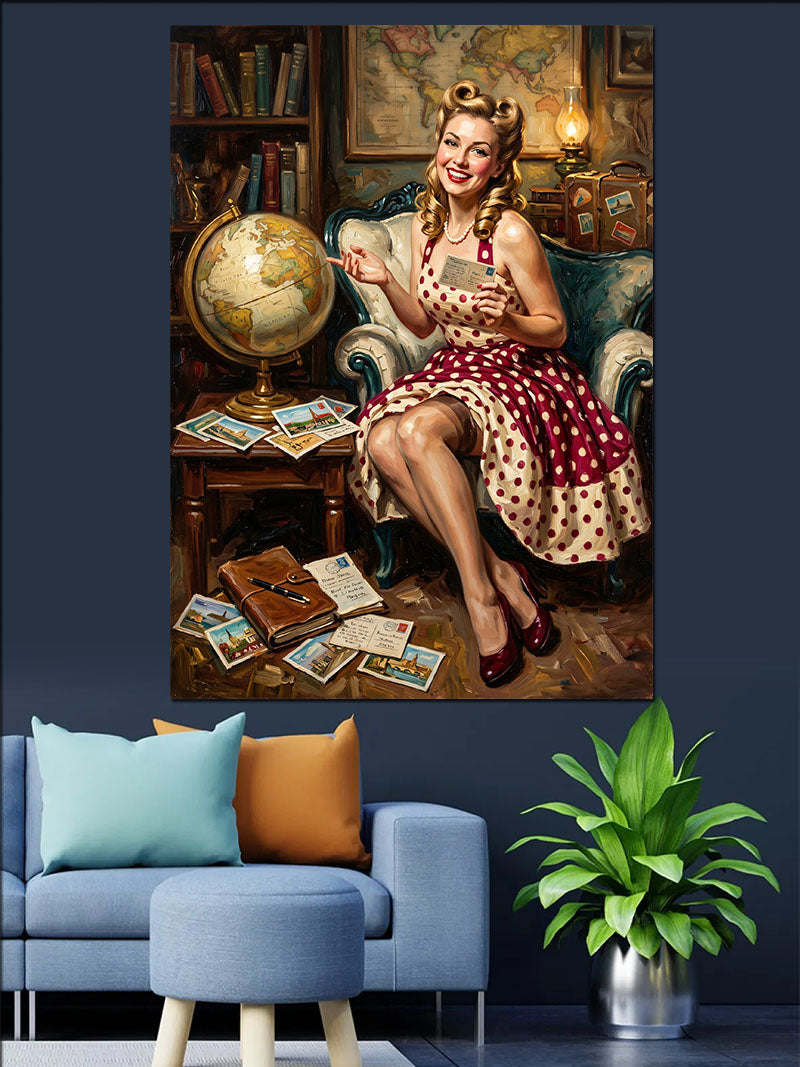 Küre ve Mektuplu Pin-Up Kadın Kanvas Tablo