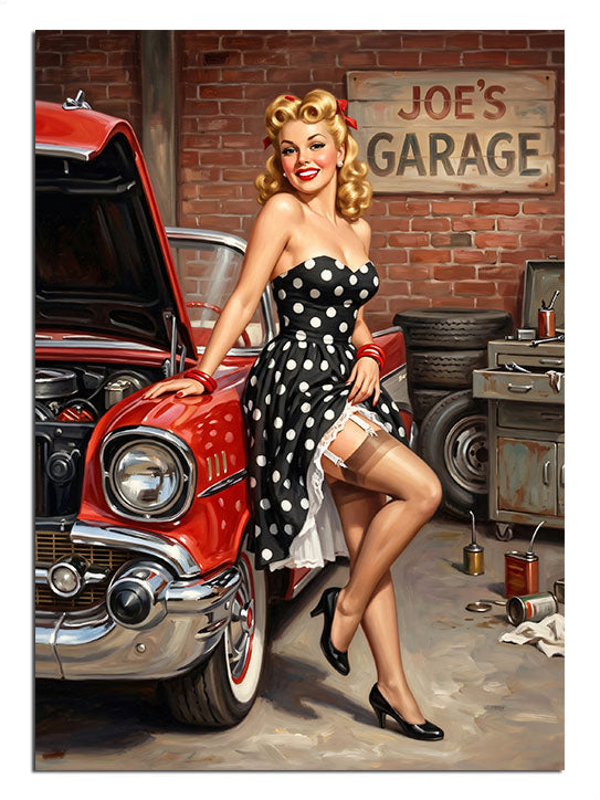 Joe's Garage önünde kırmızı araba yanında pin-up kadın, retro tablo.