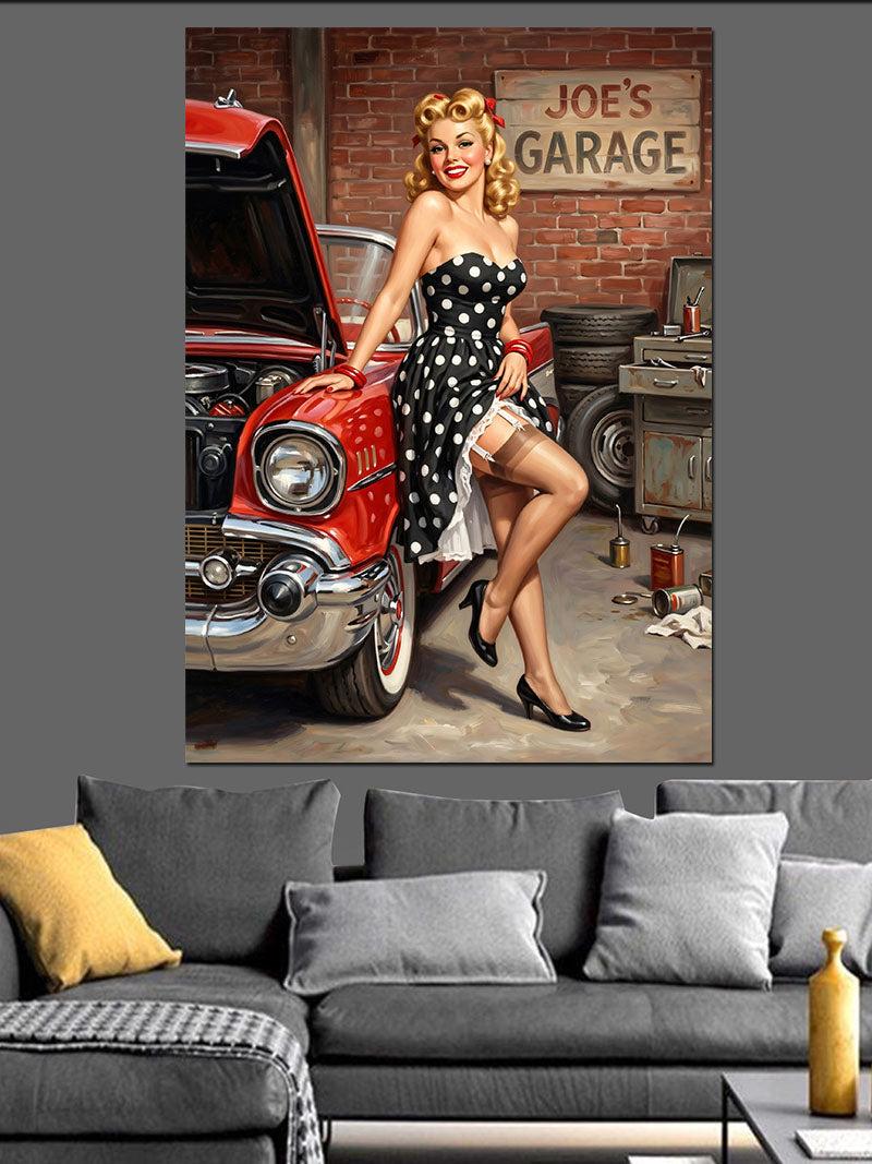 Joe's Garage Pin-Up Kırmızı Araba Kanvas Tablo