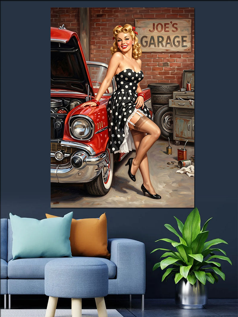 Joe's Garage Pin-Up Kırmızı Araba Kanvas Tablo