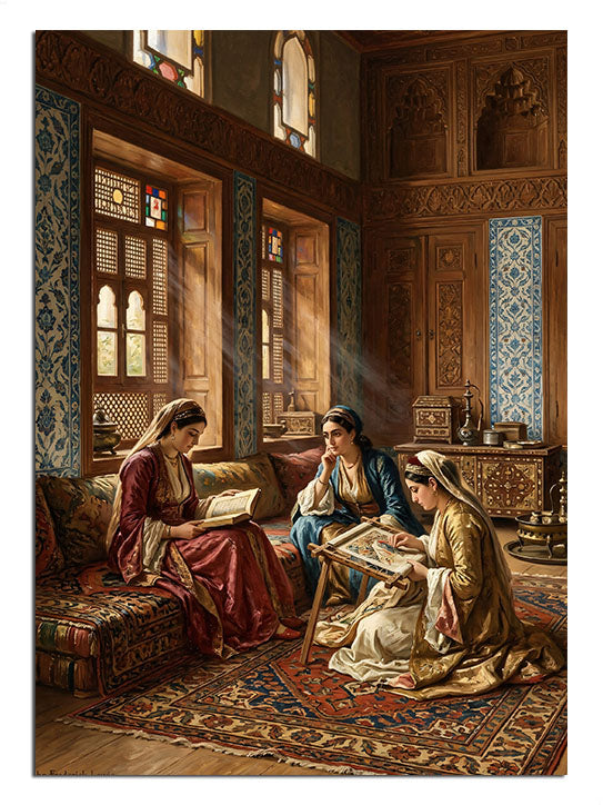 Osmanlı evinde kitap okuyan ve yazan kadınlar, tarihi tablo.