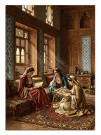 Osmanlı evinde kitap okuyan ve yazan kadınlar, tarihi tablo.