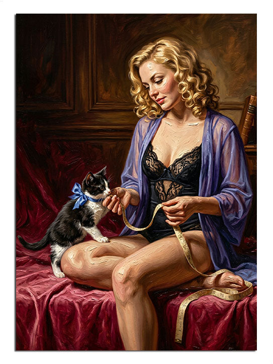 Kanepede kedi seven mor bornozlu sarışın pin-up kadın, retro tablo.