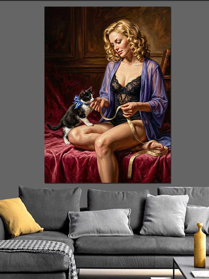 Kediyle Oturan Sarışın Pin-Up Kadın Kanvas Tablo