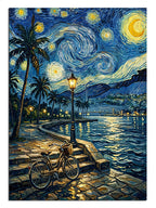 Van Gogh tarzı yıldızlı gece deniz ve palmiye ve bisiklet, manzara tablosu.