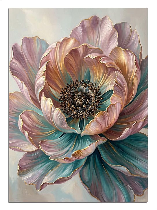 Pastel tonlarda büyük anemon çiçeği ve altın detaylar, çiçek tablosu.