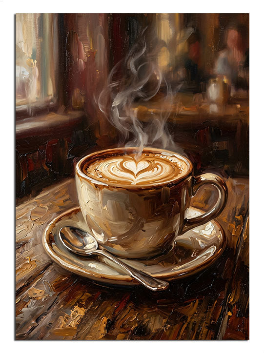 Ahşap masada buharlı latte fincanı ve kalp desen, yiyecek tablosu.