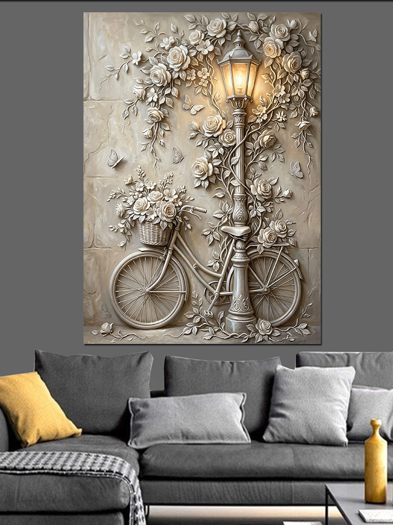 Bisiklet ve Çiçekli Kabartma Duvar Kanvas Tablo