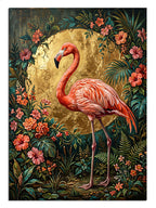Altın ay ve çiçek çelengi içinde pembe flamingo, hayvan tablosu.