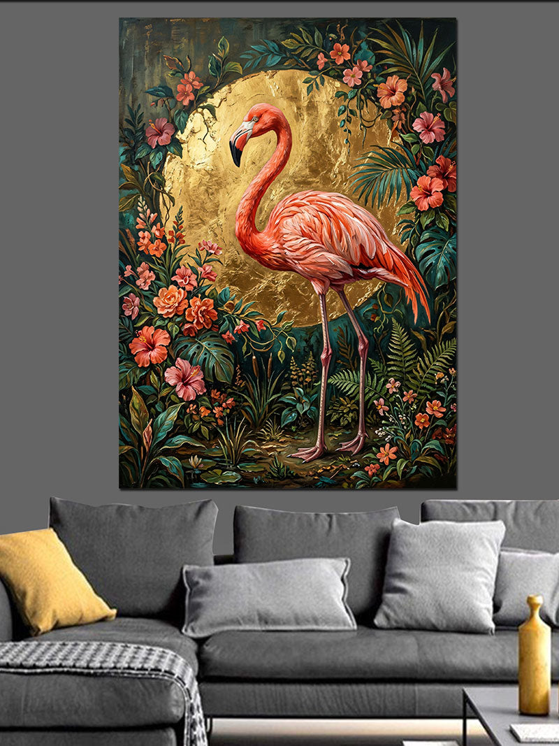 Altın Ay ve Flamingo Çiçek Çerçevesi Kanvas Tablo