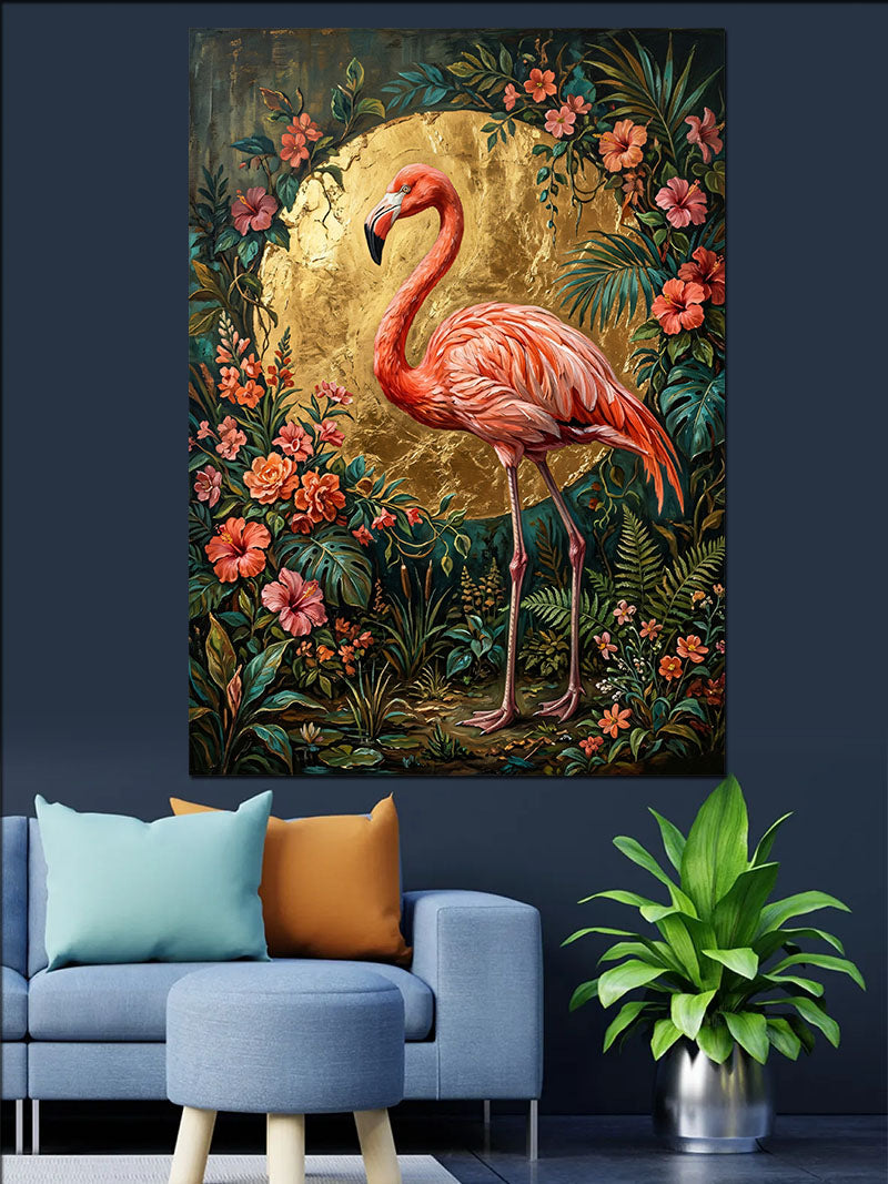 Altın Ay ve Flamingo Çiçek Çerçevesi Kanvas Tablo