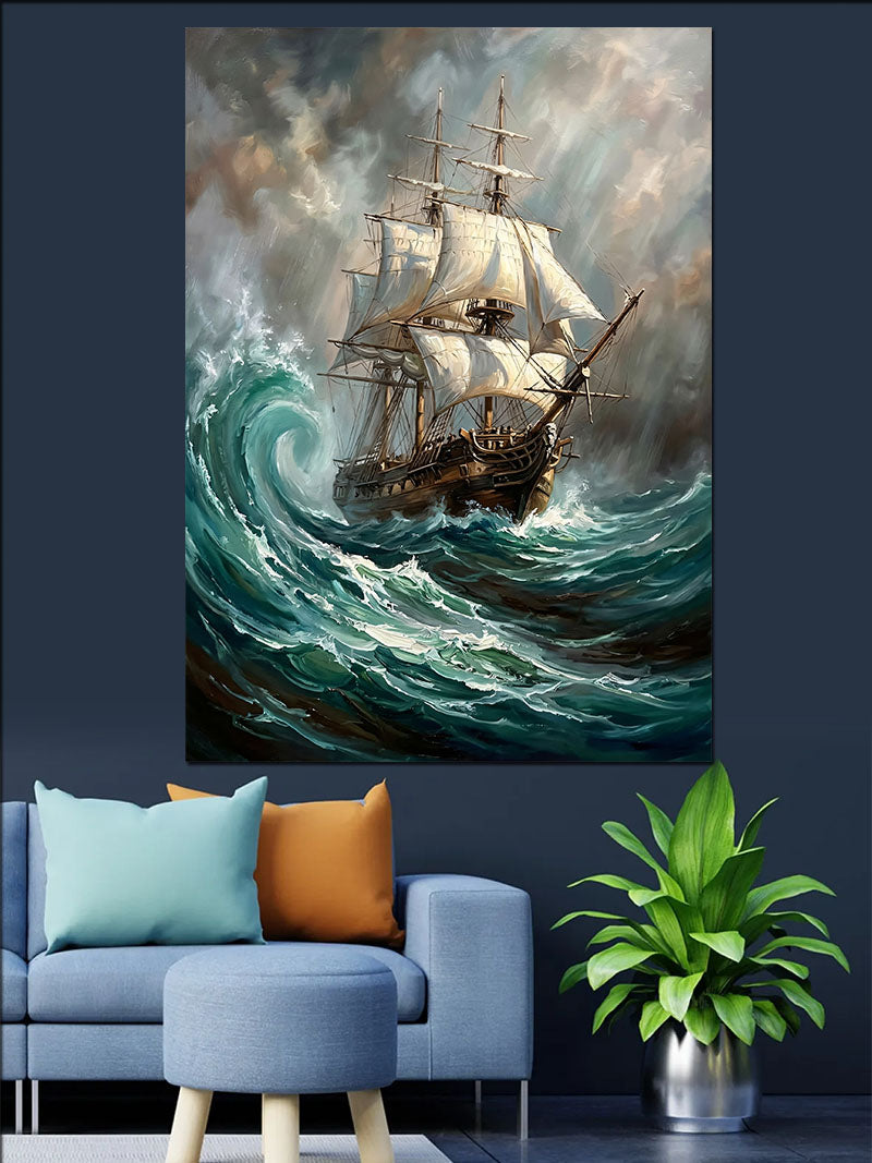Fırtınada Yelkenli Gemi Dalgalar Kanvas Tablo