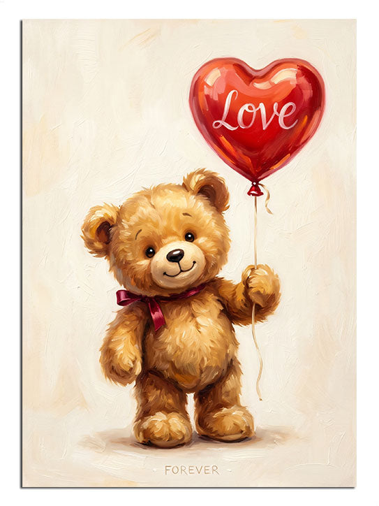 Love yazılı kalpli balon tutan ayıcık, sevimli hayvan tablosu.