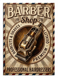 Barber Shop yazılı traş makinesi tabelası, retro berber posteri.