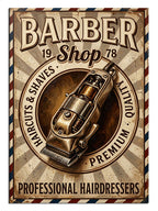 Barber Shop yazılı traş makinesi tabelası, retro berber posteri.