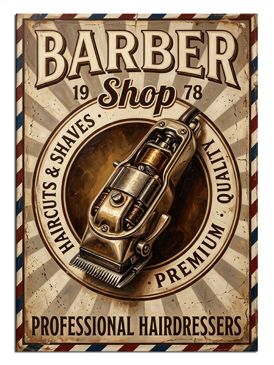 Barber Shop yazılı traş makinesi tabelası, retro berber posteri.