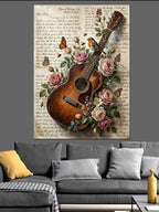 Çiçekli Gitar ve Eski Mektup Kanvas Tablo