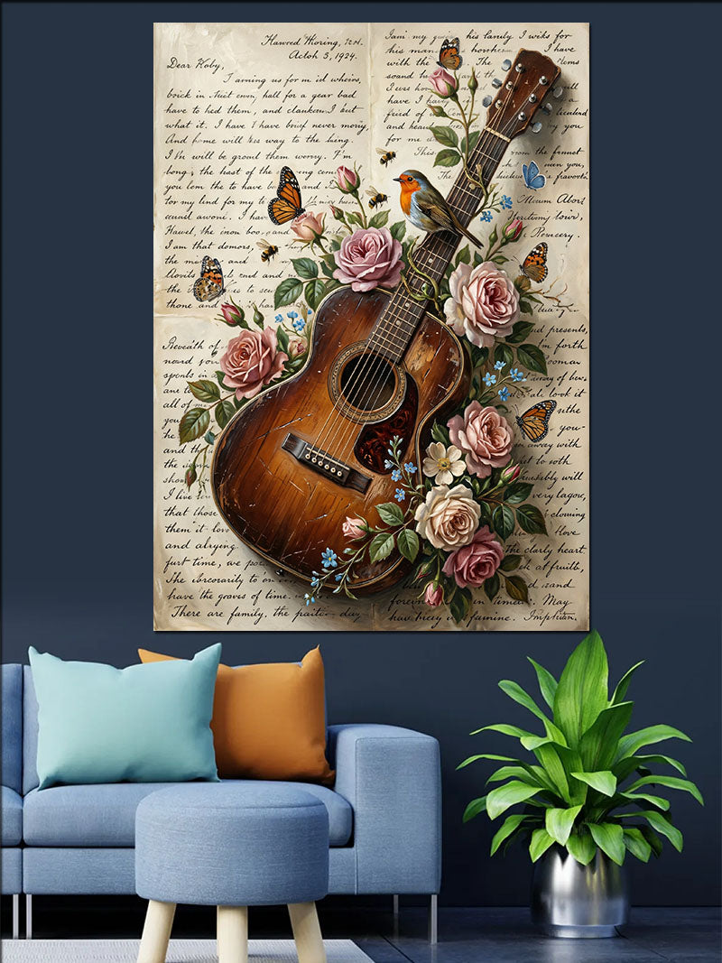 Çiçekli Gitar ve Eski Mektup Kanvas Tablo