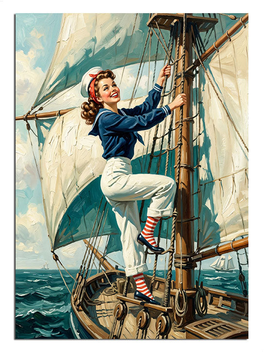 Yelkenli direğinde tırmanan pin-up kadın ve deniz, retro tablo.