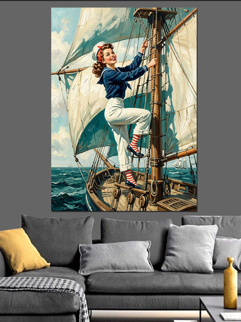 Yelkenli Direğinde Pin-Up Kadın Kanvas Tablo
