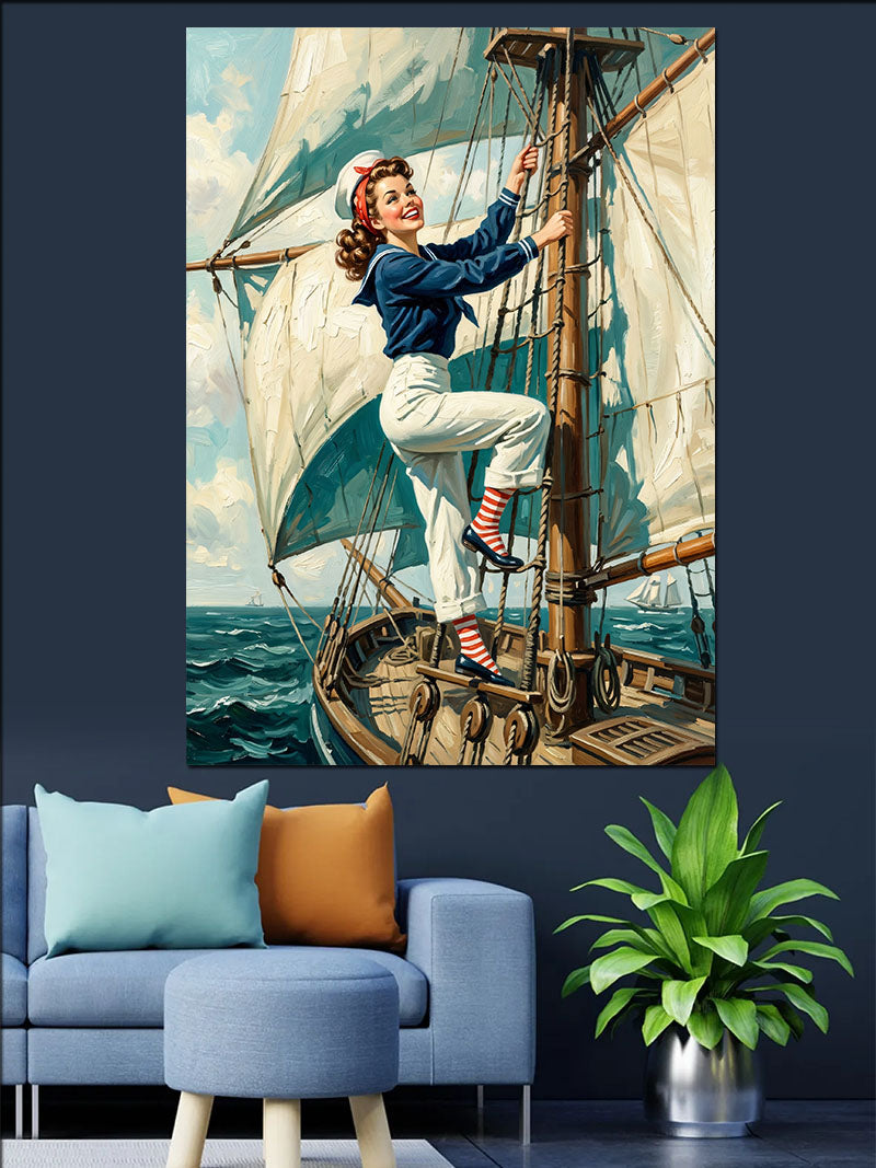 Yelkenli Direğinde Pin-Up Kadın Kanvas Tablo