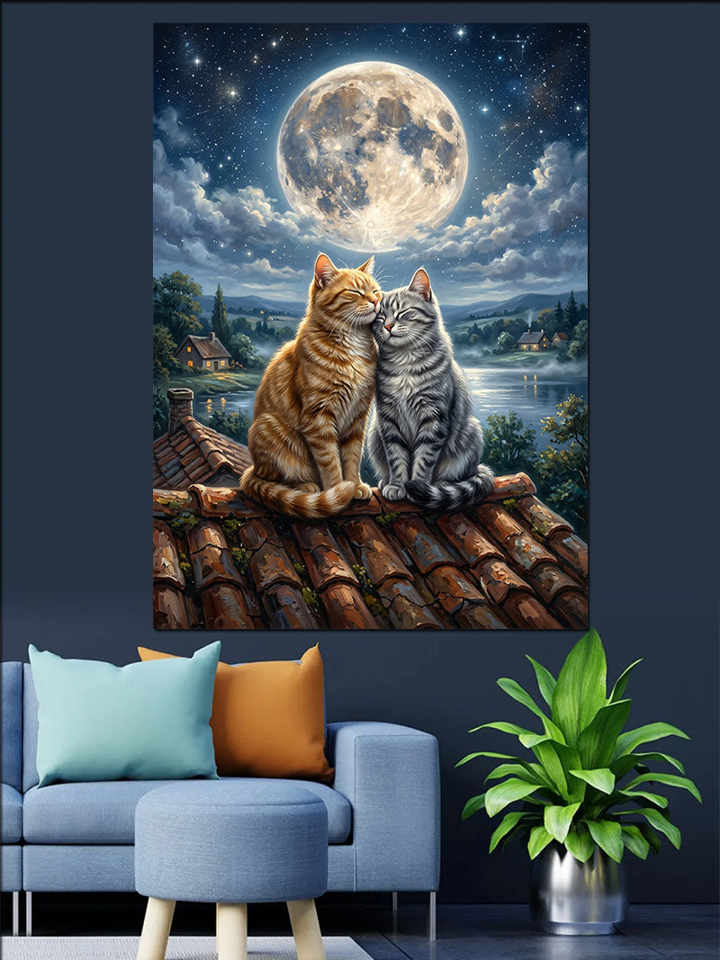 Dolunayda Çatıda İki Kedi Kanvas Tablo
