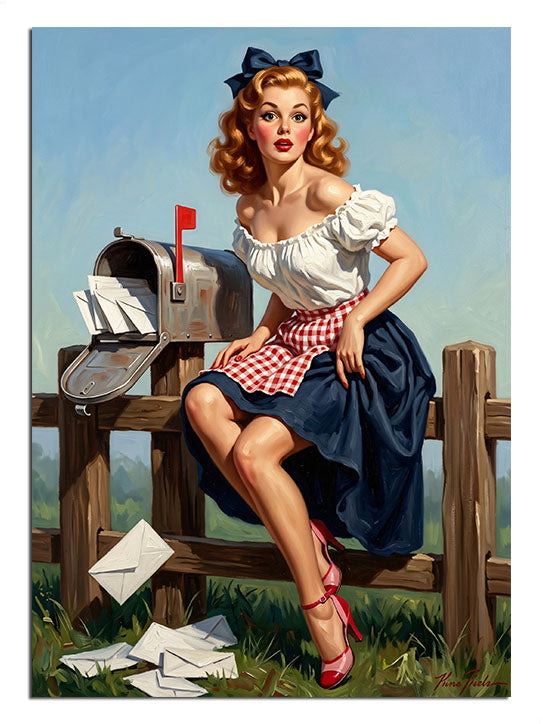 Posta kutusu yanında oturan çilek desenli pin-up kadın, retro tablo.