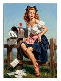 Posta kutusu yanında oturan çilek desenli pin-up kadın, retro tablo.