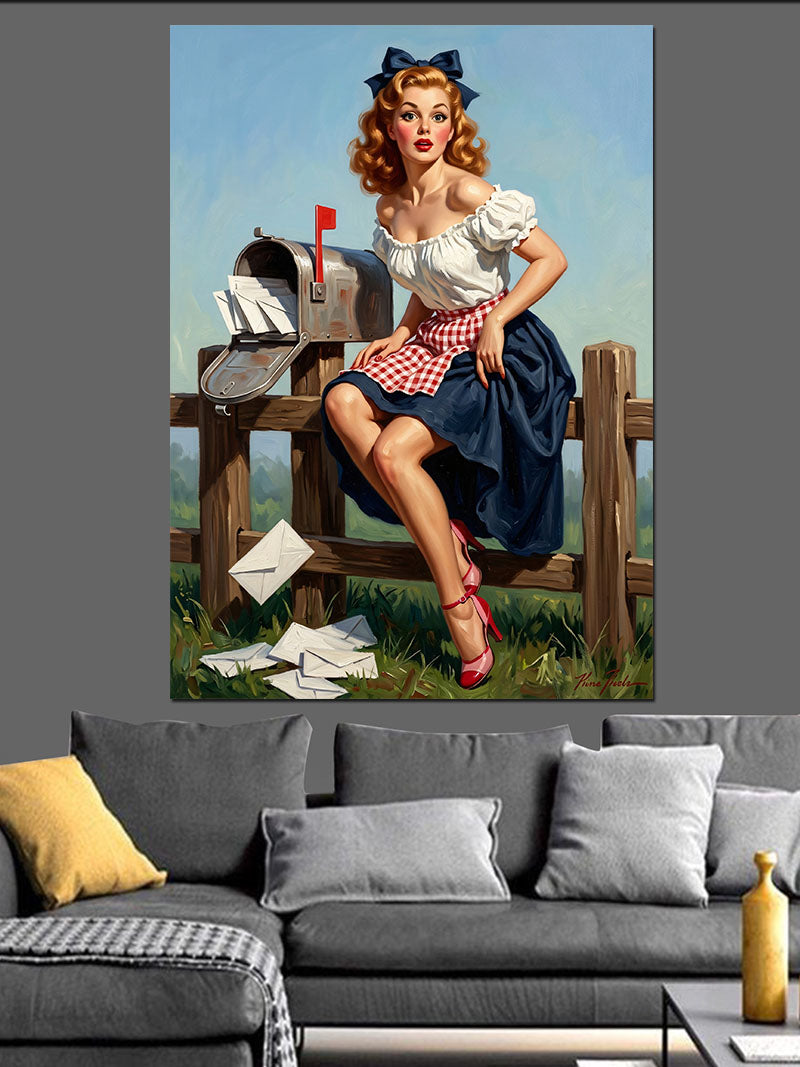 Posta Kutusu Yanında Pin-Up Kadın Kanvas Tablo