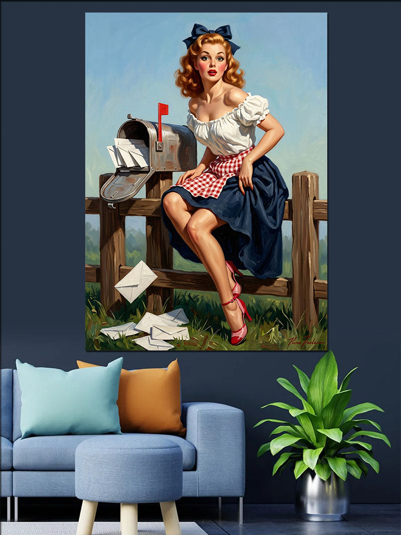 Posta Kutusu Yanında Pin-Up Kadın Kanvas Tablo