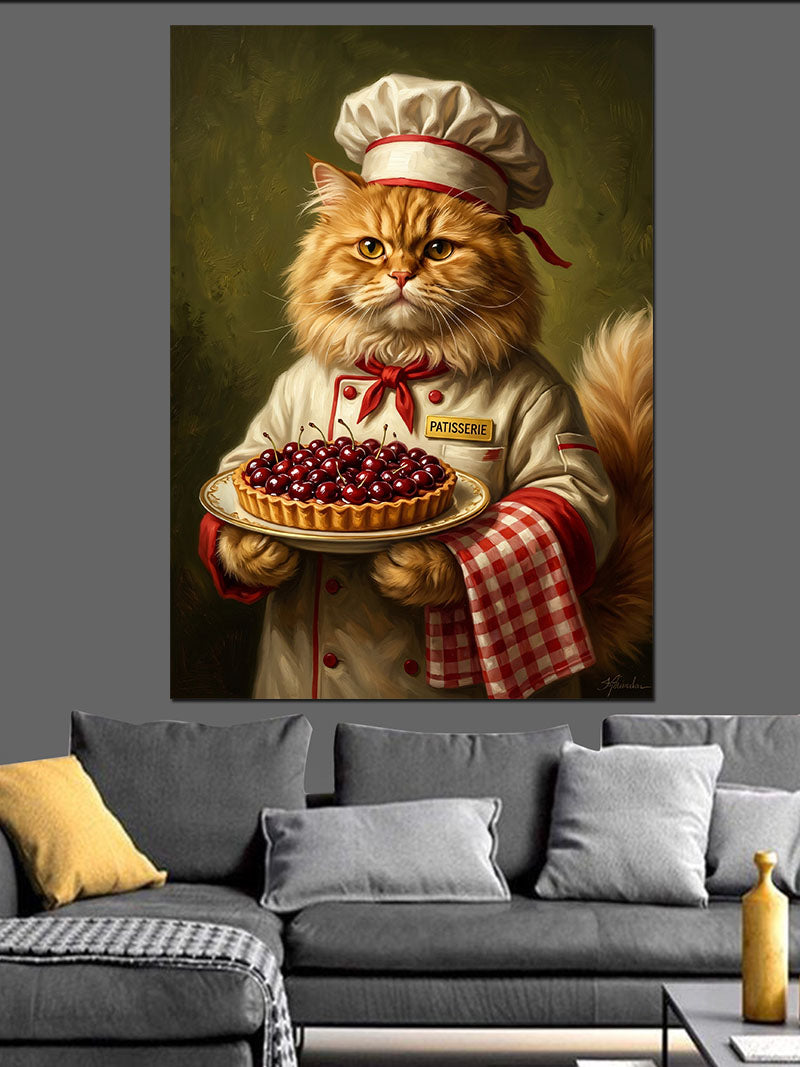 Vişneli Tart Tutan Şef Kedi Kanvas Tablo