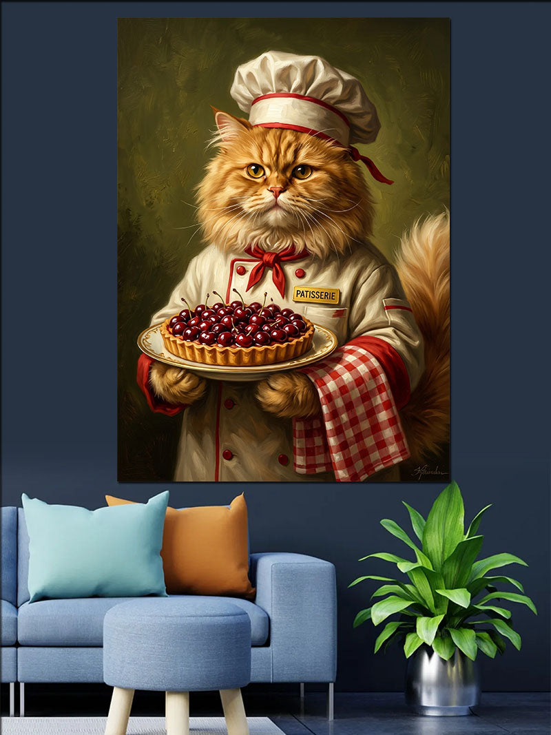 Vişneli Tart Tutan Şef Kedi Kanvas Tablo