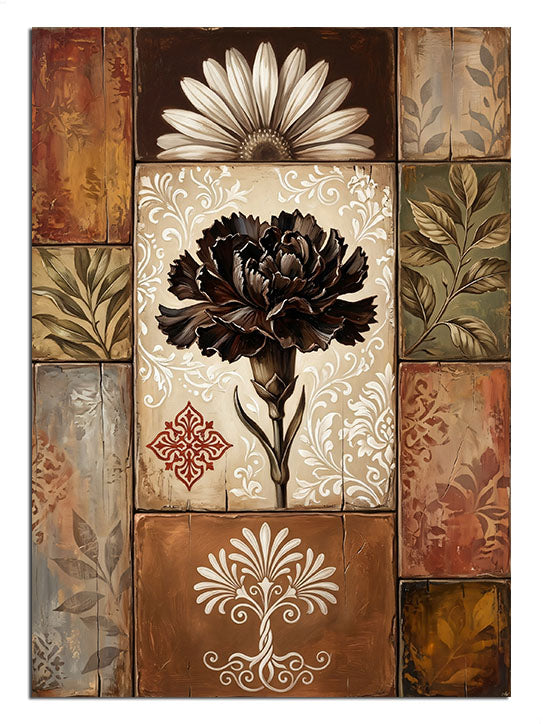 Patchwork karo üzerinde siyah karanfil ve beyaz çiçek, çiçek tablosu.