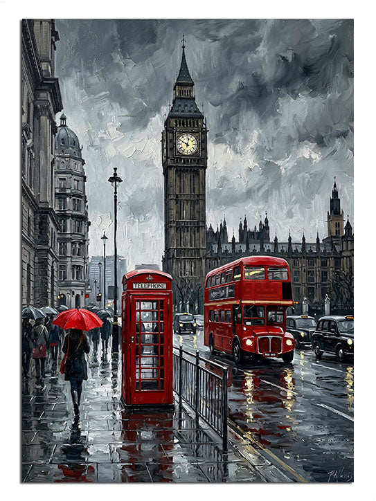 Yağmurlu Londra caddesi, Big Ben, kırmızı otobüs ve telefon kulübesi, şehir tablosu.