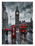 Yağmurlu Londra caddesi, Big Ben, kırmızı otobüs ve telefon kulübesi, şehir tablosu.
