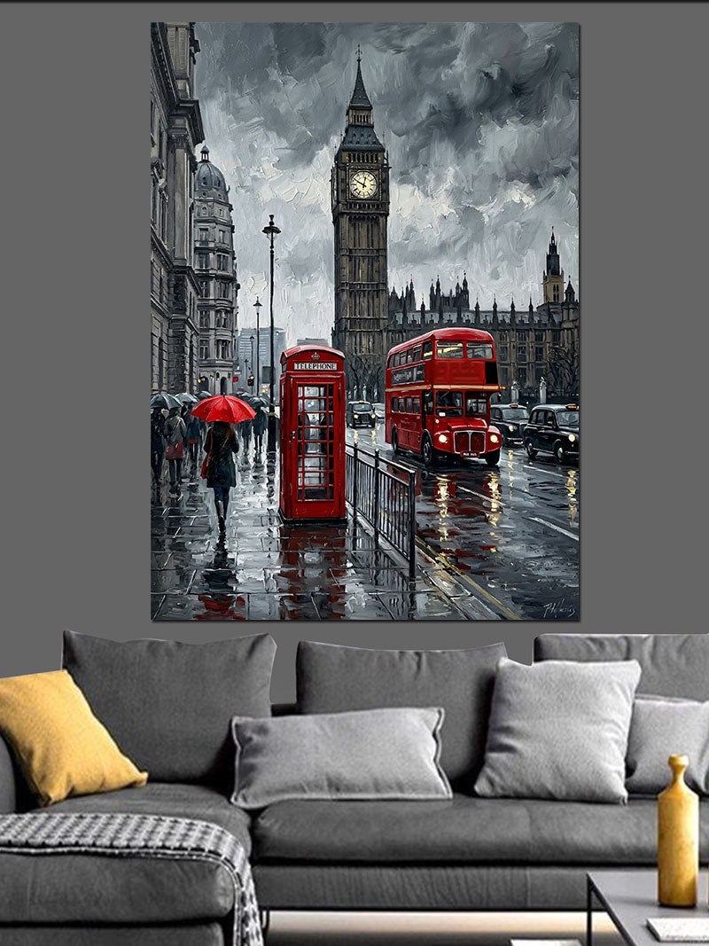Yağmurlu Londra Big Ben ve Telefon Kulübesi Kanvas Tablo