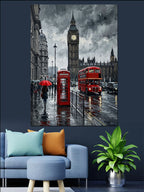 Yağmurlu Londra Big Ben ve Telefon Kulübesi Kanvas Tablo