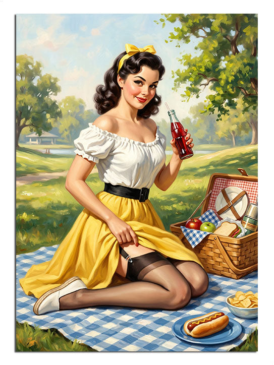 Piknik örtüsünde kola içen sarı etekli pin-up kadın, retro tablo.