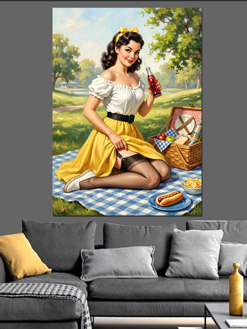 Piknikte Kola İçen Pin-Up Kadın Kanvas Tablo
