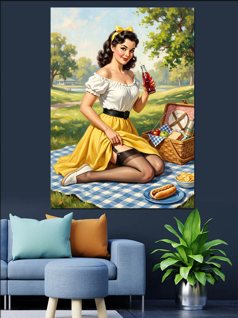 Piknikte Kola İçen Pin-Up Kadın Kanvas Tablo
