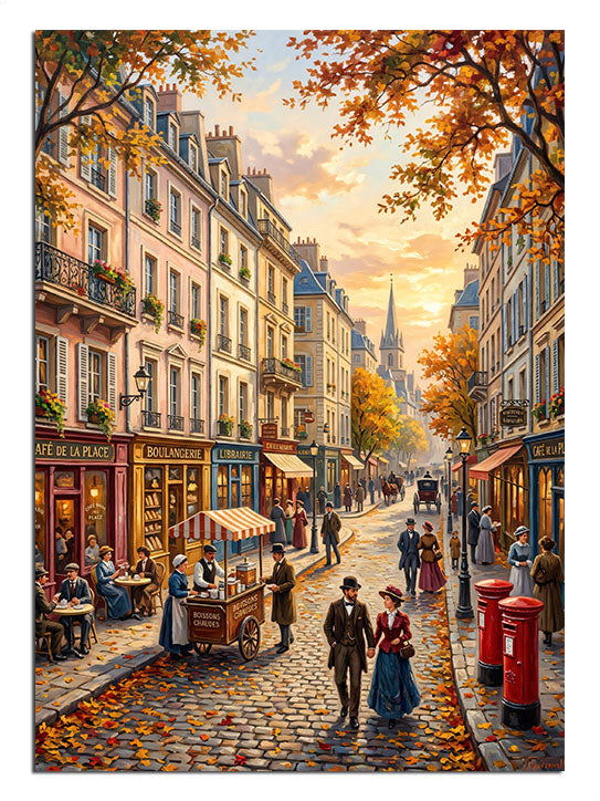 Sonbahar yapraklı Paris sokağı ve kafe ve kalabalık, şehir tablosu.