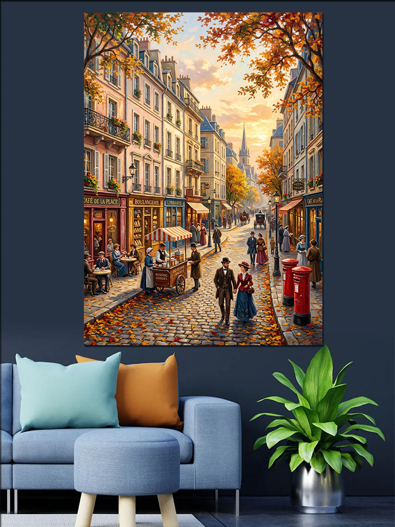 Sonbahar Yapraklı Paris Sokağı ve Kafe Kanvas Tablo