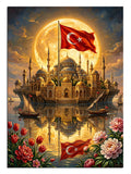 Dolunay altında Türk bayraklı İstanbul ve Ayasofya silüeti ve laleler, şehir tablosu.