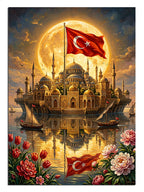 Dolunay altında Türk bayraklı İstanbul ve Ayasofya silüeti ve laleler, şehir tablosu.