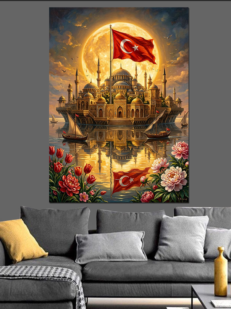 Dolunayda Türk Bayraklı İstanbul Silüeti Kanvas Tablo