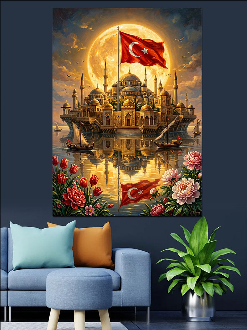 Dolunayda Türk Bayraklı İstanbul Silüeti Kanvas Tablo