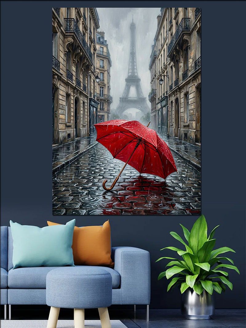 Yağmurlu Paris Eyfel ve Kırmızı Şemsiye Kanvas Tablo