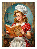 Cook Book okuyan kırmızı puanlı önlüklü pin-up aşçı kadın, retro tablo.